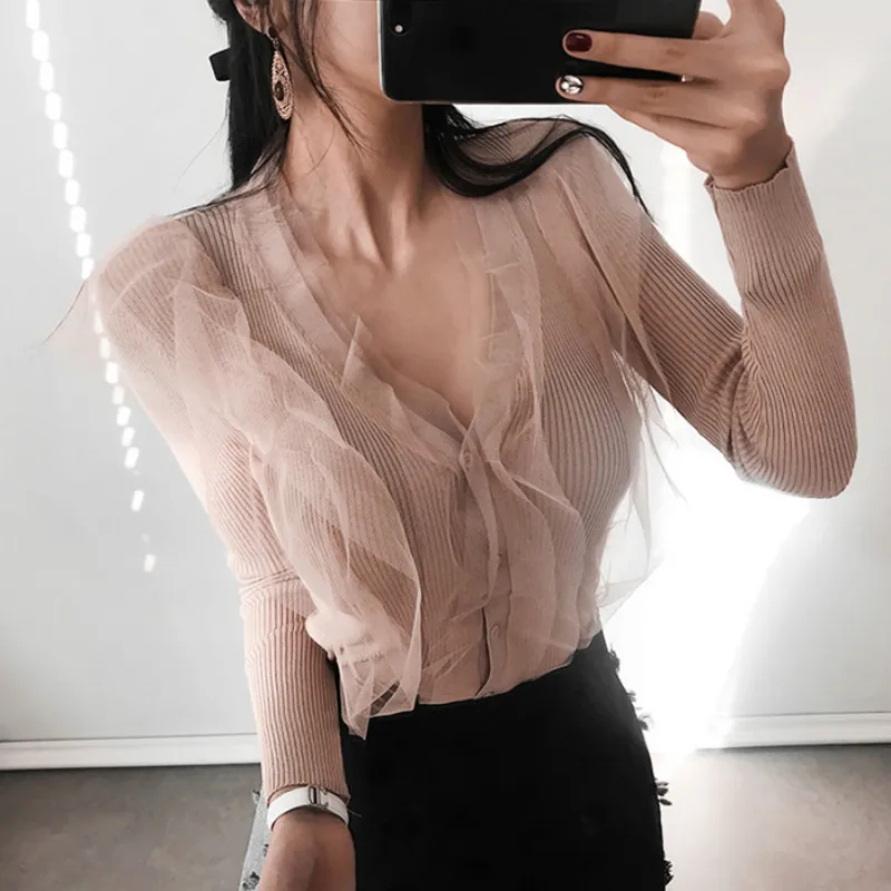 

Women Fashion Knitted Cardigans Sexy Deep V-neck Ladies High Quality Elastic Slim Single Breasted Elegant Mesh Cardigan Sweaters