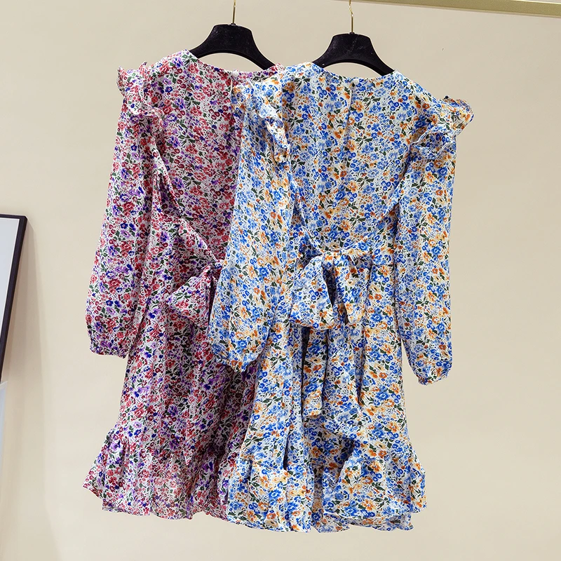 

2021 New Arrival Spring Autumn Women Long Sleeve Slim Mini Dress Sweet Ruffles Irregular Mermaid Hem Chiffon Floral Dress