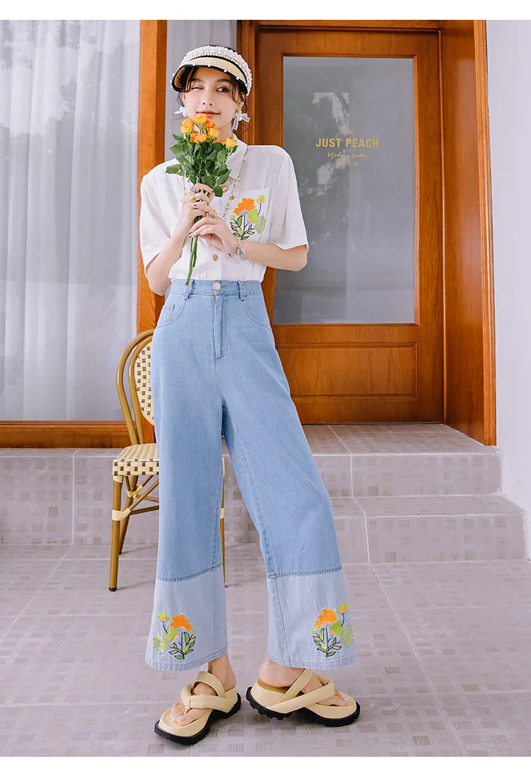 

Wide-Leg Jeans Women's 2021 Summer Draping Stitching Fashionable Sunflower Printed Trousers High Waist Slimming Elegant Jeans