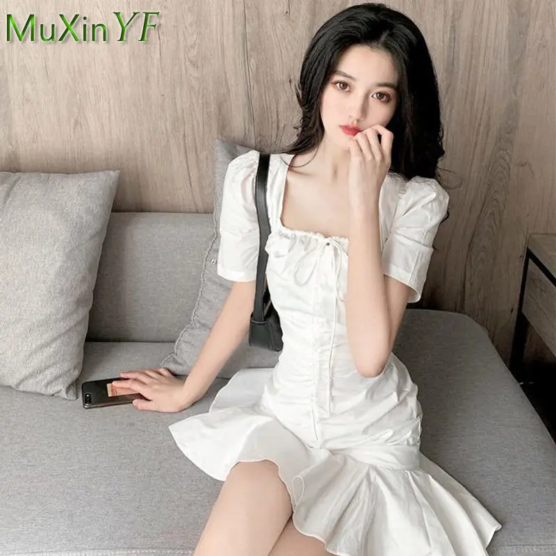 

2021 Summer French Sweet Women White Dress Girls Cute Ruffle Square Collar Mini Solid Dresses Lady Date Party Fashion Clothing