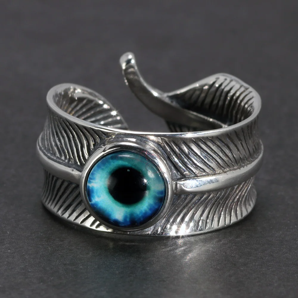 

Sterling Silver 925 Feather Ring with Demon Eye for Men And Women Thai Silver Not Allergic Retro Punk Rock Opening Rings