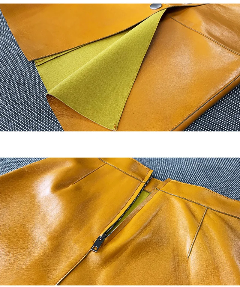 2020 New Winter Women French Retro Split Genuine Leather 65cm Long Skirt Female Knee Over Buttons Wine Red/Yellow Saia Faldas