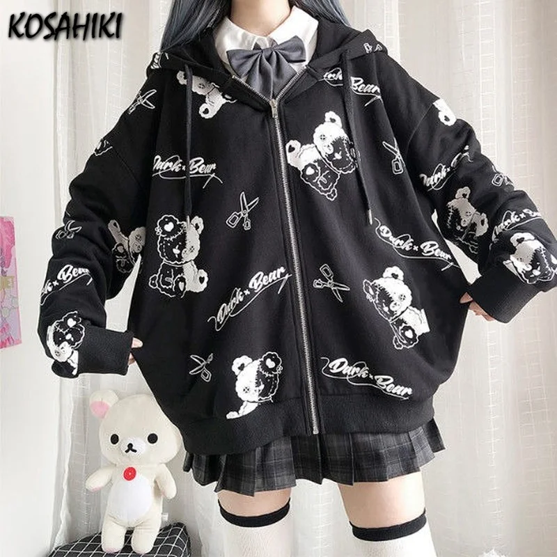 

KOSAHIKI 2021 New Zip Up Sweatshirt Spring Kawaii Cartoon Bear Jacket Clothes Hoodies Women Vintage Black Harajuku Streetwear