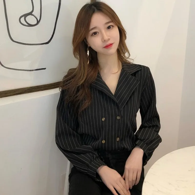 Женская блузка в полоску JuneLove весенняя двубортная Корейском стиле | одежда