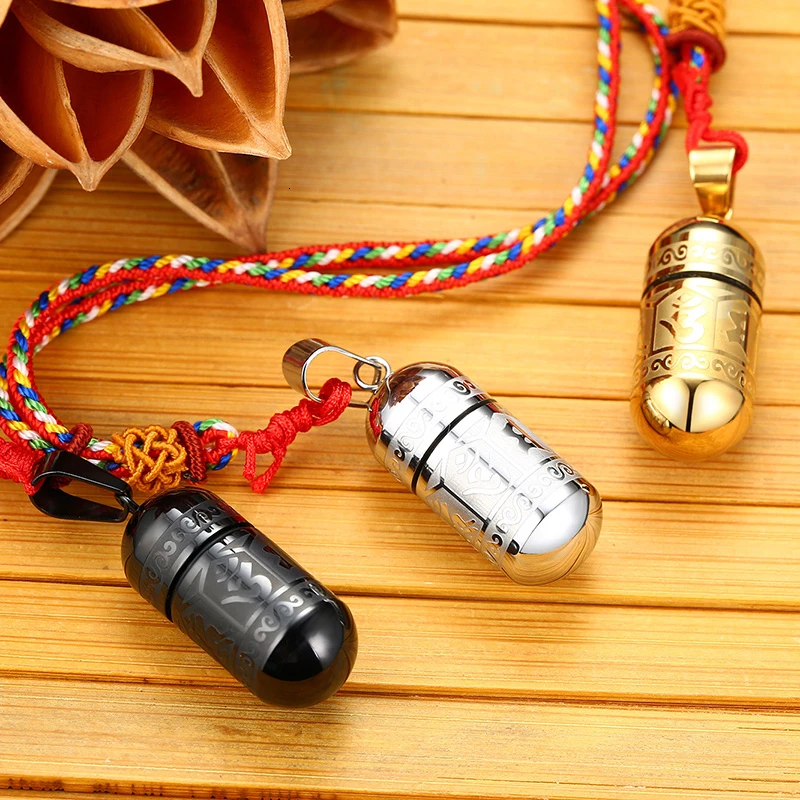 

Buddhism Six Words Openable Necklace Women Men OM Mantra Prayer Wheel Mantra Bottle Urn Pendant Stainless Steel Jewelry