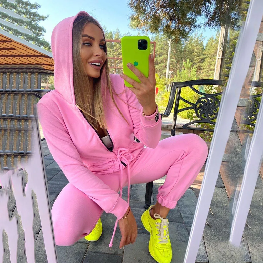 

Mandylandy Spring Autumn Fashion Slim Fit Jumpsuit Women's Casual Lace Up Solid Color Long Sleeve Zipper Hooded Pocket Jumpsuit