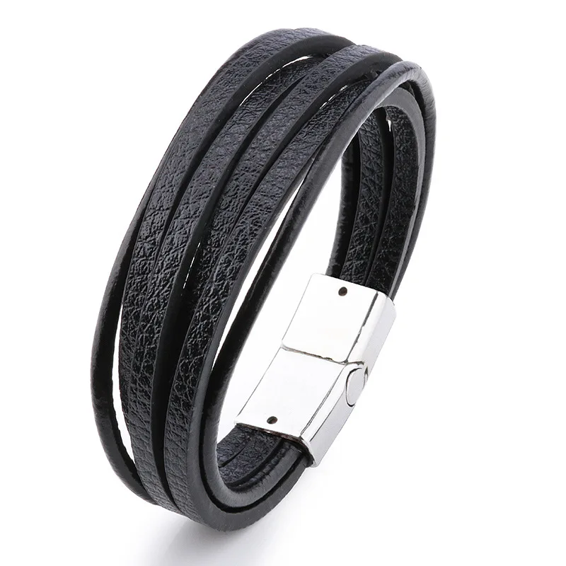 silver black-C Мужские кожаные браслеты, браслеты, браслет для мужчин, стальная магнитная застежка, Плетеный многослойный браслет для мужчин, браслеты для мужчин - Окраска металла: silver black-C