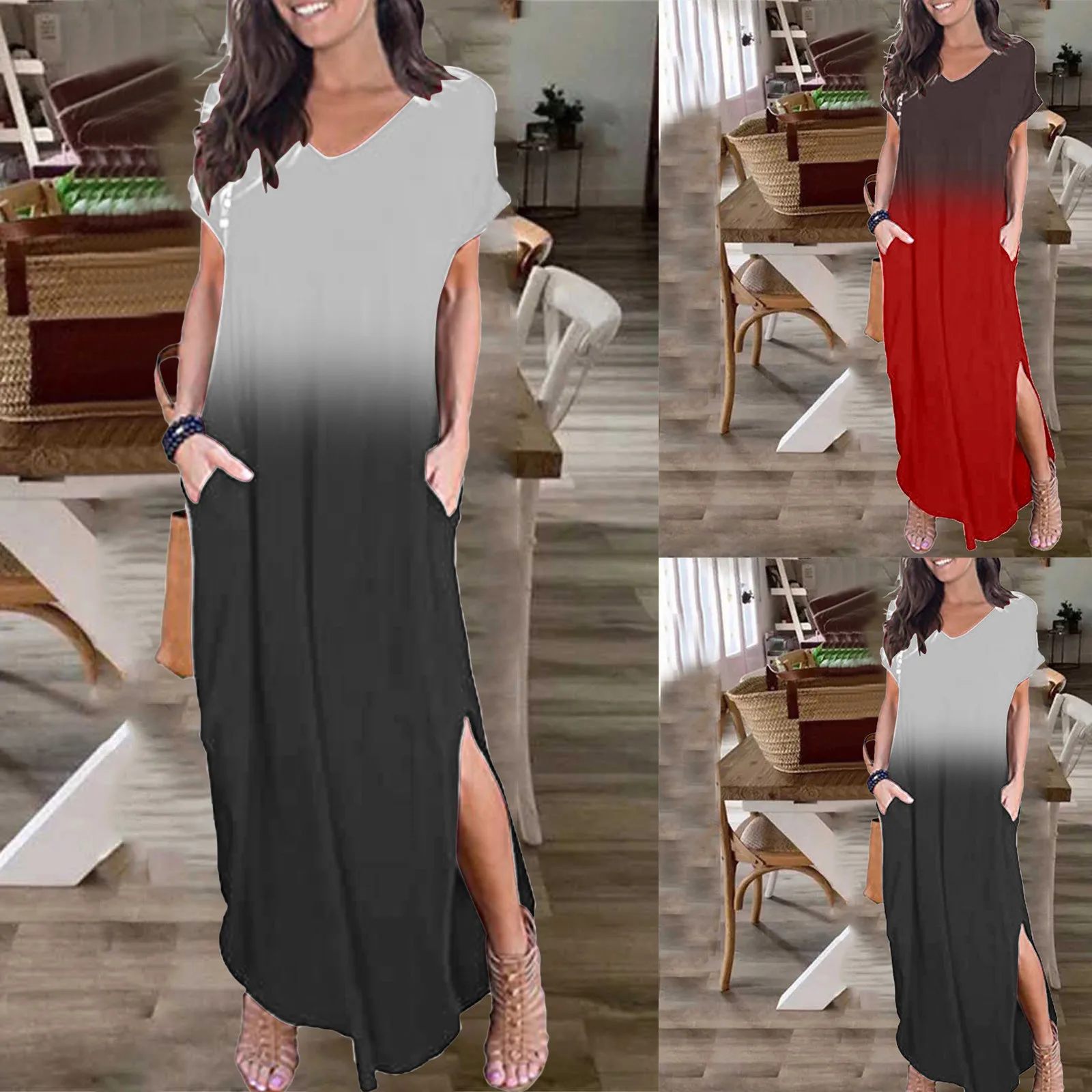 

Платье женское длинное с градиентным принтом, Пляжный пуловер в стиле бохо, свободный сарафан с открытой вилкой, без застежки, на лето