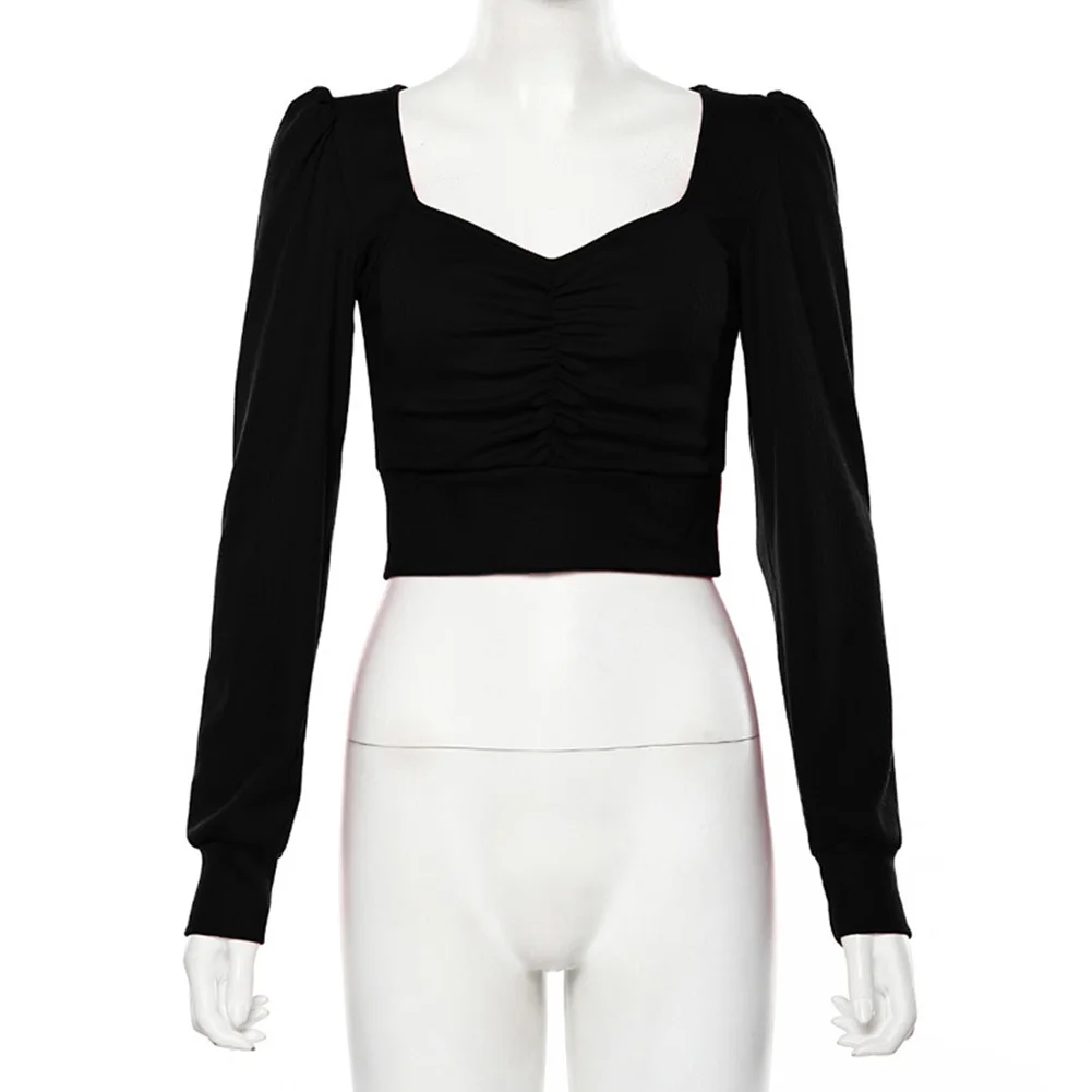 

Solid Color Long-sleeved V-neck Slim-fits Bottoming Sweater Slim Fitted Tee Autumn Scoop Neck Solid Ladies Elegant Sweater