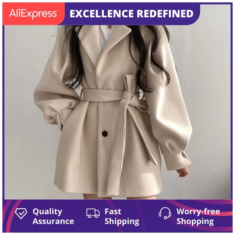 

Женское Однотонное шерстяное пальто, облегающие пальто с поясом, женская теплая одежда большого размера из хлопка с V-образным вырезом, Офис...