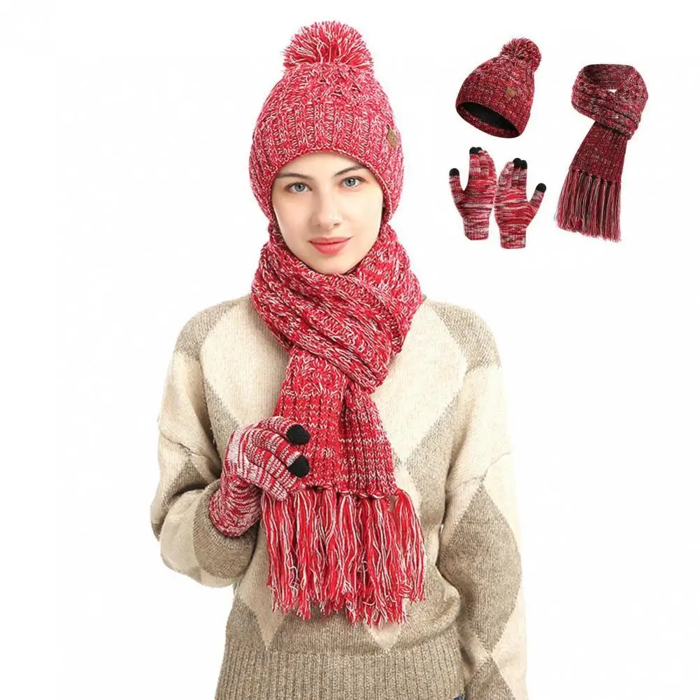 

Keep Warm 3 Pcs Great Knitted Winter Hat Scarf Gloves Set Durable Unisex Scarf Set Practical for Present