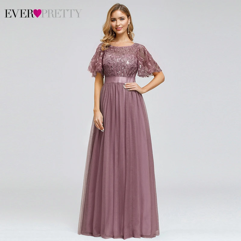 Блестящие серые платья для выпускного вечера Ever Pretty A-Line с круглым вырезом и блестками с коротким рукавом элегантные вечерние платья Robe De Soiree Femme - Color: Dusty Pink