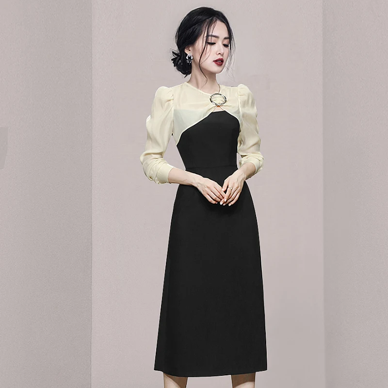 

COIGARSAM женское длинное платье осень 2021 Новое офисное женское однотонное платье в Корейском стиле с пышными рукавами и круглым вырезом с высо...