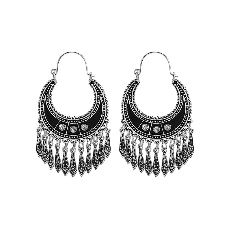

Retro ethnic style carved water drop tassel earrings Bohemian crescent shape diamond earrings earrings