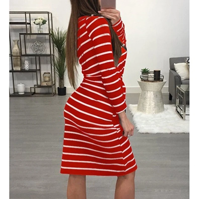 

Autumn Striped Dress Women Sexy Off Shoulder Dress Casual Long Sleeve O Neck Fashion Mid Dress Lace Up Vestidos 2020