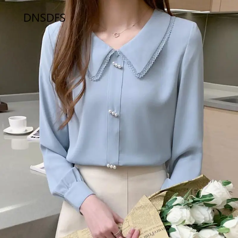 

White Blue Shirts Korean Ladies Fashion Long Sleeve Chiffon Shirt Simple Lace Peter Pan Collar Office Blouse Women Tops Blusas