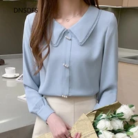 white blue shirts korean ladies fashion long sleeve chiffon shirt simple lace peter pan collar office blouse women tops blusas