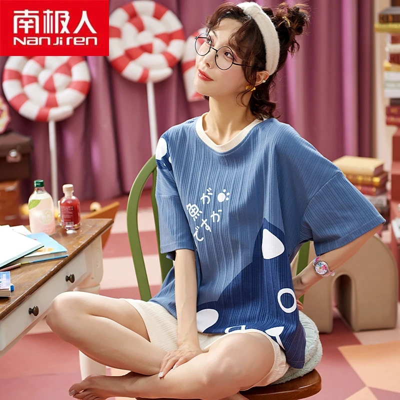 

NANJIREN Women Clothing Home Pajamas Set Korea Style Stripe O-Neck Thin Short Sleeves Cotton Cartoon Ins Pajamas Set For Women