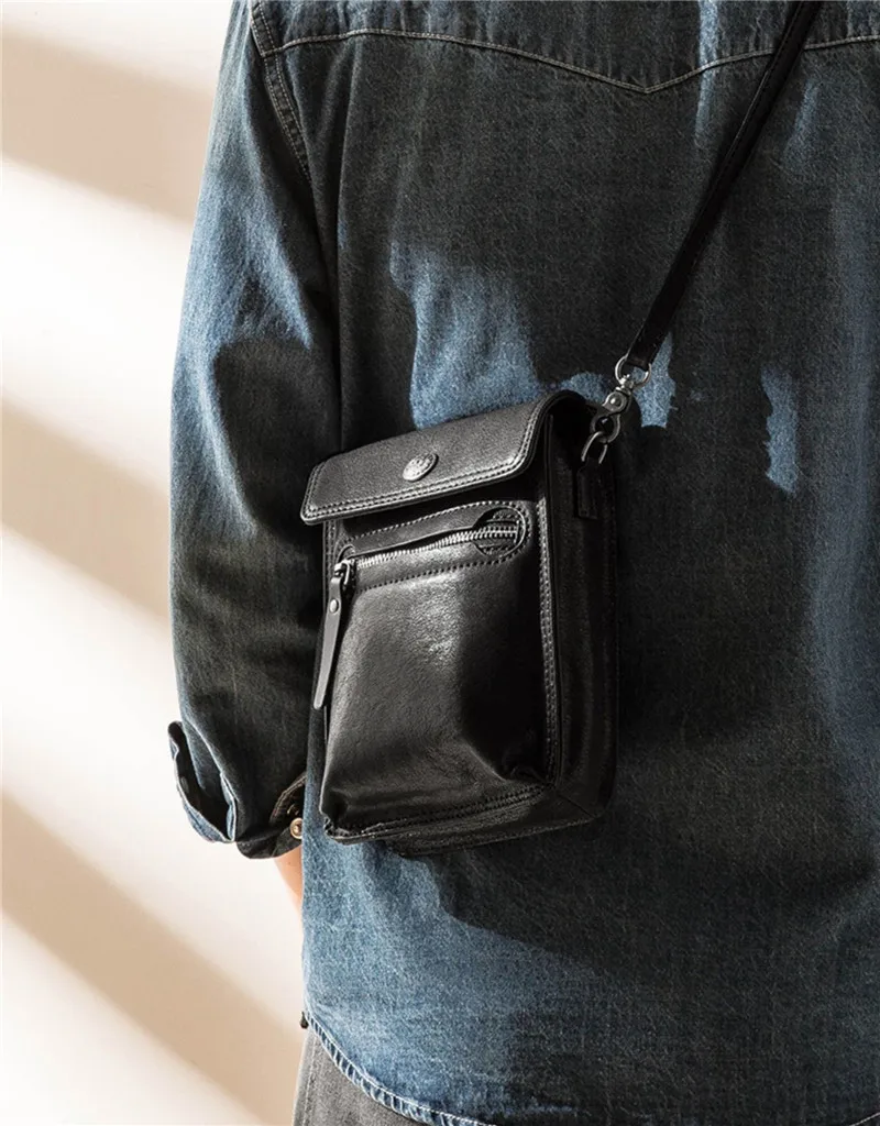 Simple casual designer natural real leather men's black shoulder bag everyday outdoor small mini mobile phone messenger bag