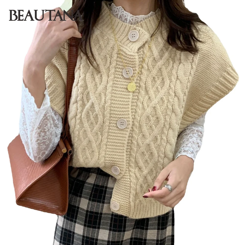 

BEAUTANA Knitted Sweater Vest for Women 2021 Autumn Solid Big Sleeve Round Neck Twist Yarn Pullover Loose Chic Ribbed Tank Top