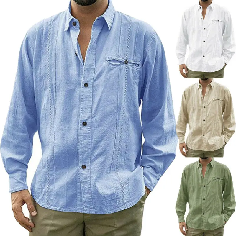 UK Для мужчин из хлопка и льна Повседневное отложной воротник с длинным рукавом