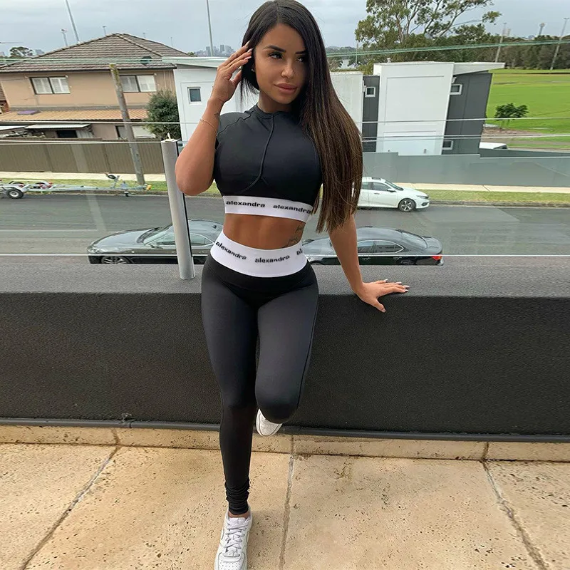 

Women Tracksuit Letter Print Sportswear Yoga Clothes Set Skinny Stretchy Sports Suit Running Fitness Short Sleeve Top Sweatpants