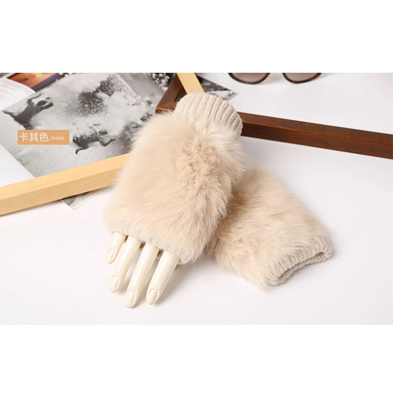 Women Rabbit. Fur Mitten Plush Glove Costume Cute Winter Warm Half Finger Gloves Women Female Gloves Mitten keep warm