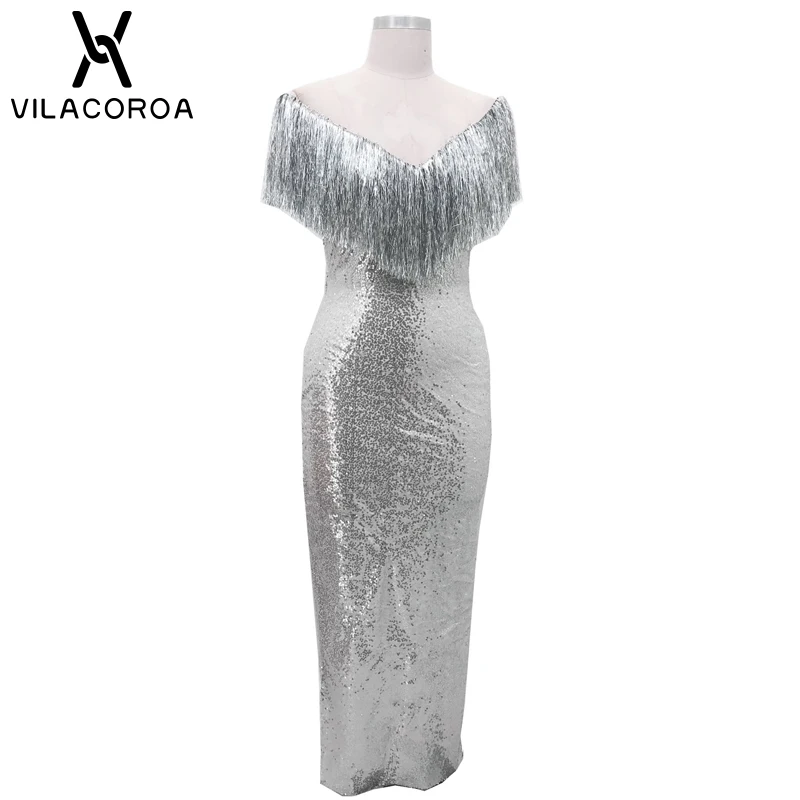 Сексуальная блестящая кисточка вечерние платья для женщин Vestidos v-образным вырезом шаль рукав Империя длинное платье карандаш Sukienki Серебряное платье с открытыми плечами
