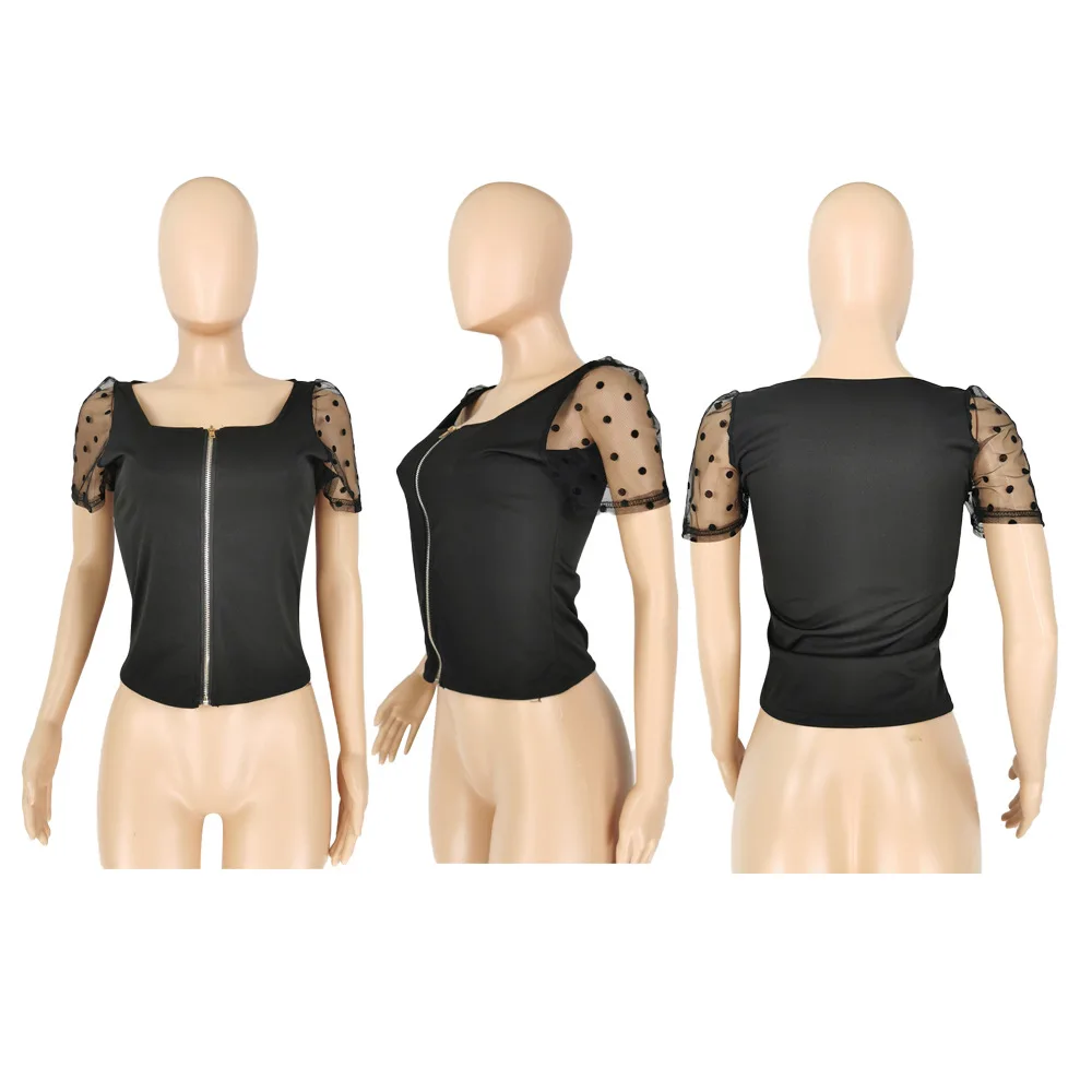 

2020 Spring Summer Sexy Women Wrinkled Backless Blouse Shirt Mesh Sheer Puff Sleeve Wrap Chest Tops Ladies Dots Blouse