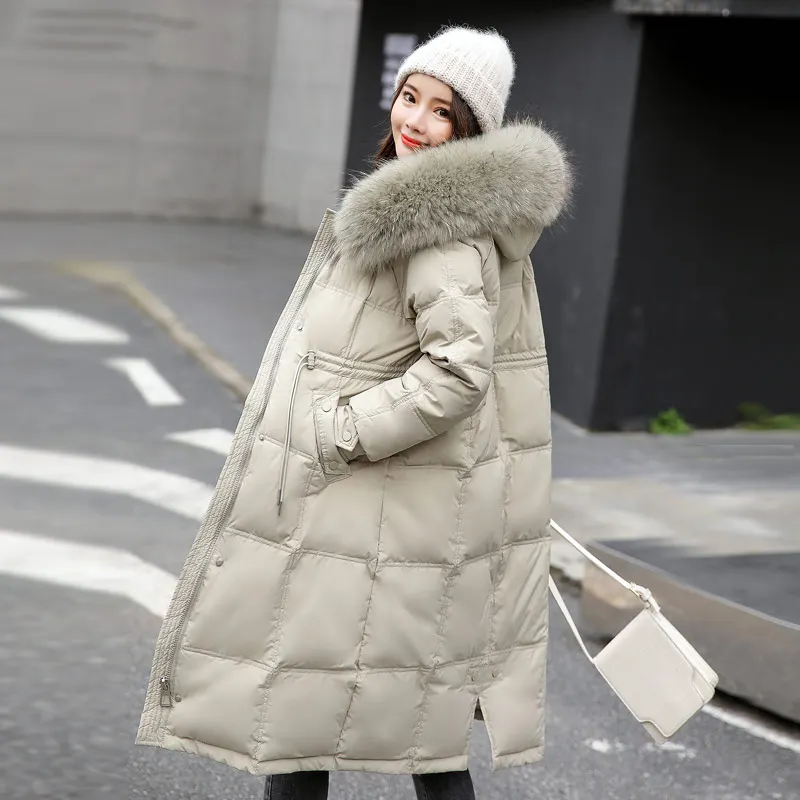 

WEIHAOBANG 2021 Winter New Women's Fur Collar Solid Color Hooded Zipper Long White Duck Down Long Sleeve Down Jacket