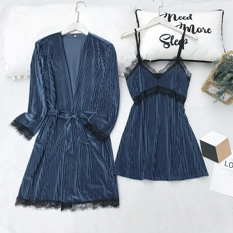 Dark Blue2 Теплый Бархатный халат, кимоно, одежда для сна, мягкий велюр, женский свадебный халат, ночная рубашка, ночное белье, повседневное банное платье, интимное белье - Цвет: Dark Blue2