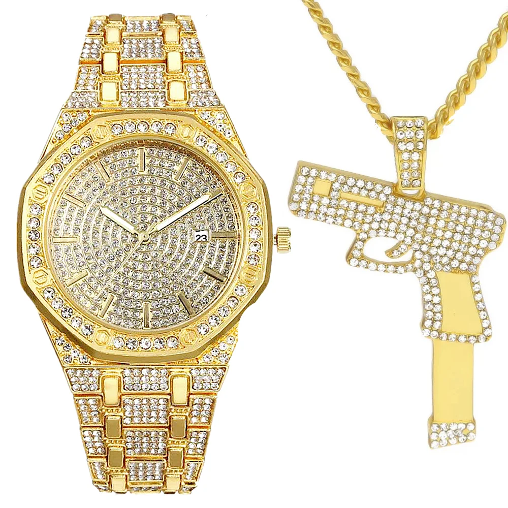 Мужские роскошные золотые часы со стразами сверкающие наручные в стиле хип-хоп