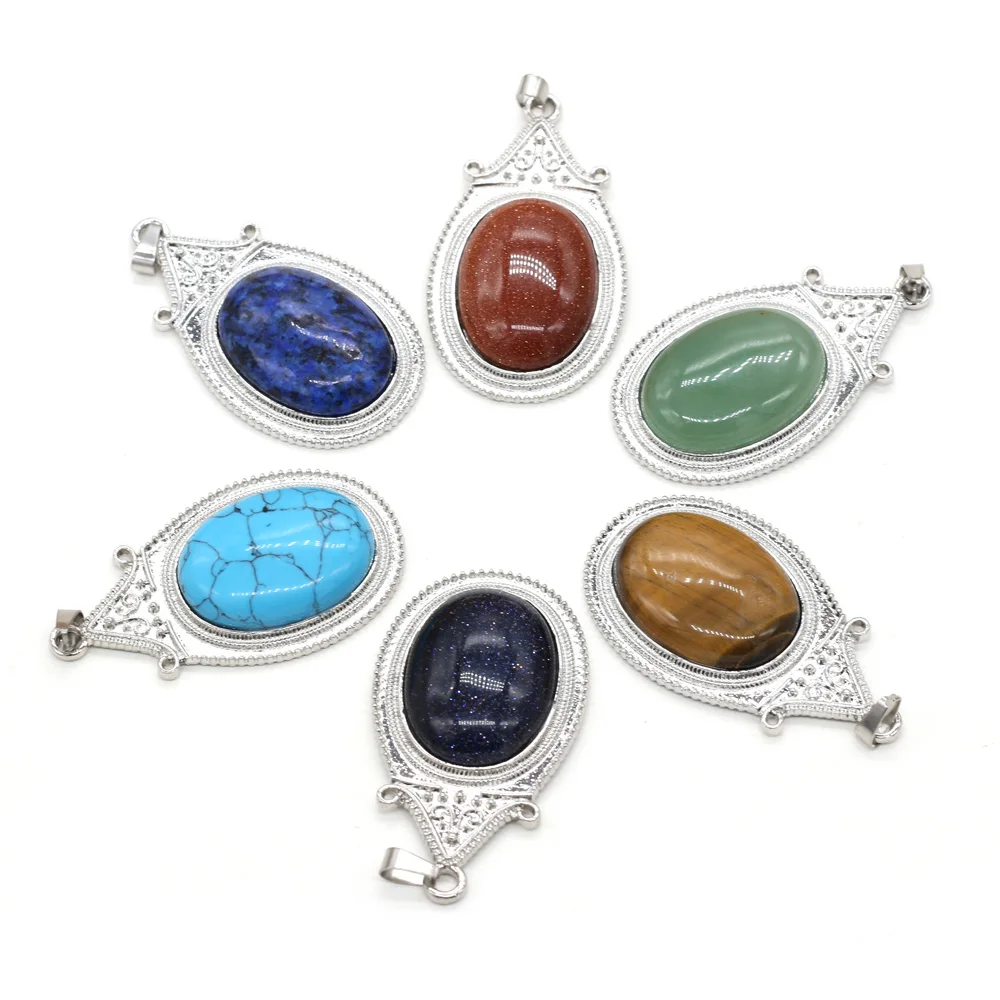 

Natural Stone Pendant Oval Metal Alloy Retro Rose Quartz Agate Handmade DIY Necklace Jewelry gift party Gem Accessories 32x57mm