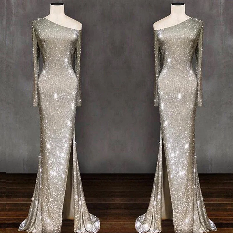 Женское асимметричное вечернее платье привлекательное длинное блестящее до