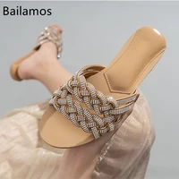 bailamos 2021 fashion open toe weave female flip flops women slippers crystal bling ladies flat outdoor slides causal woman shoe
