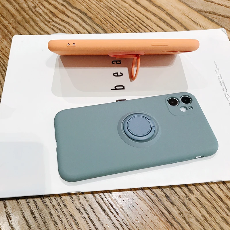 

Liquid Silicone Stand Case For iPhone 12 Pro Max Mini 11 XS X XR 7 8 6 6S Plus Ring Car Holder Luxury Soft Phone Back Cover