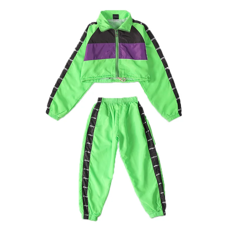 Детская мода зеленая короткая куртка топ кроп коат беговые джазовые брюки для девочки костюм для танцевальных выступлений носить.