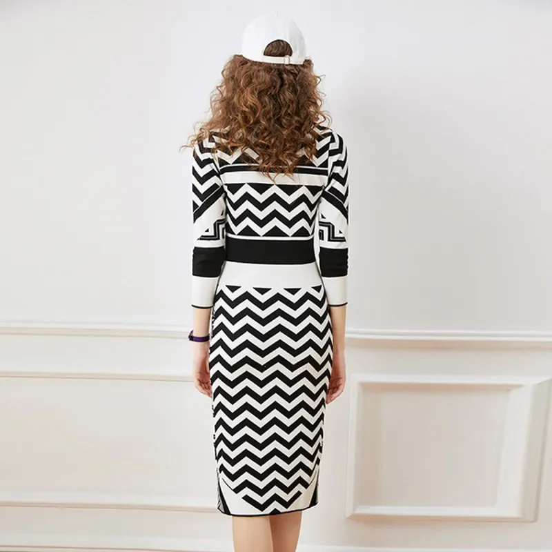 

2020 autumn winter Women Striped Jacquard Sweater Dress Thick Warm Long Sleeve V Neck Knitted Party Dresses
