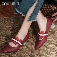 coolulu mary janes shoes woman genuine leather high heels pointed toe block heel dress pumps lace pearal female footwear beige