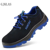 blue work safety boots genuine leather industrial boots steel toecap impact resistant man ladies indestructible safety shoes