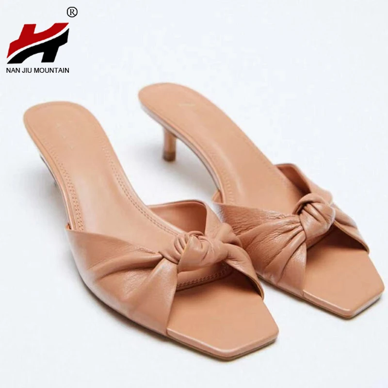 

2021 Summer Women's Shoes Mid Heel Bow Sandals Sexy Open Toe Solid Color Slippers Outdoor Plus Size 41