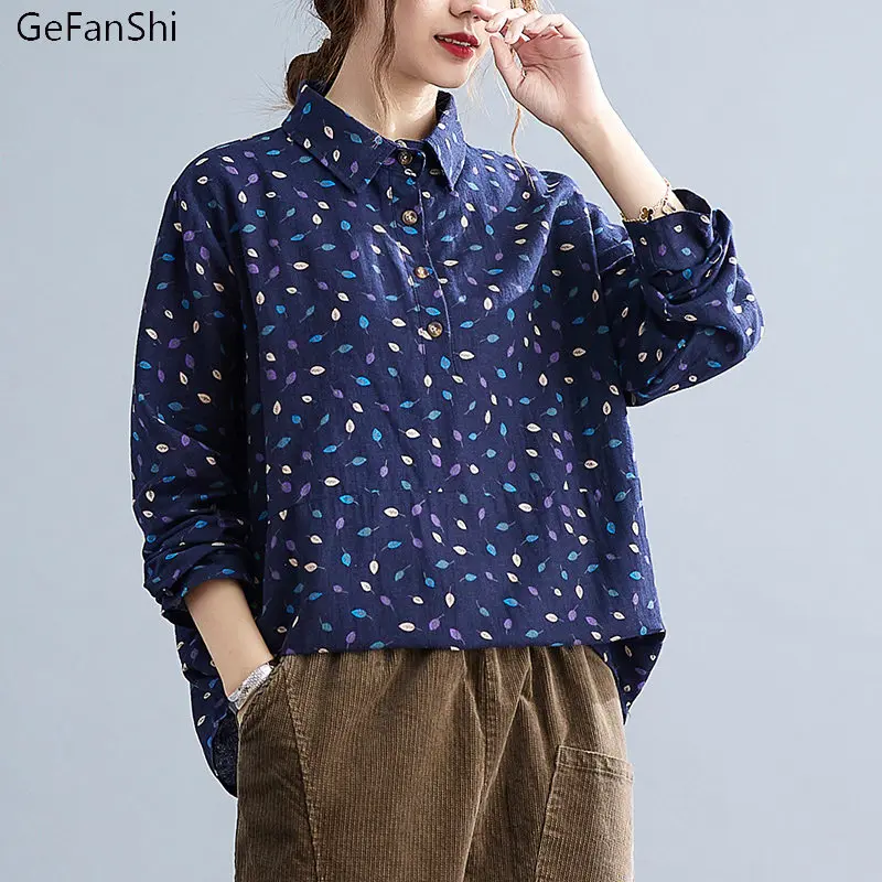 

New Arrival Autumn Cotton Linen Print Blouse Shirt Women Korean Loose Elegant Fashion Ladies Blouses Tops Simple Blusas Girl