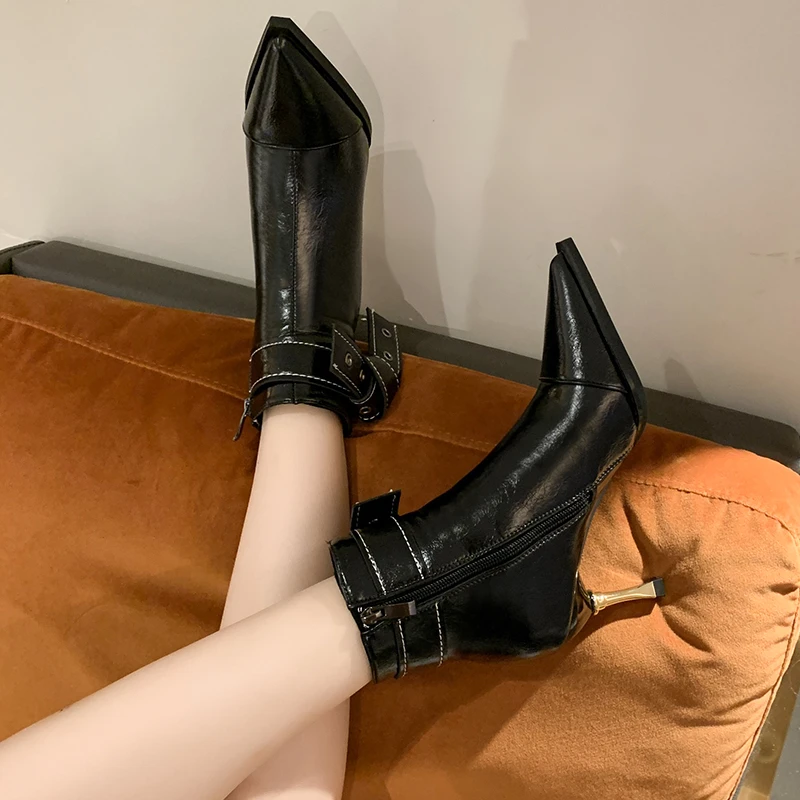 

Ботильоны женские на очень высоком каблуке, пикантные теплые короткие плюшевые ботинки с острым носком, блестящие, с блестками, Осень-зима