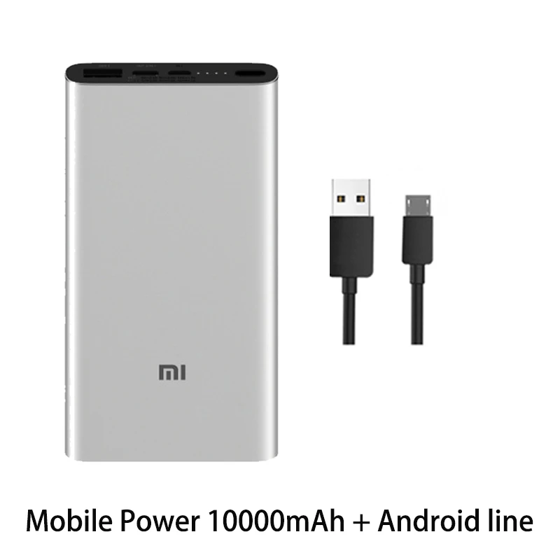 Mi Xiao mi power Bank, 10000 мА/ч, 3 внешних аккумулятора, QC3.0, зарядка, двойной USB выход, 18 Вт, быстрая зарядка, 10000 мА/ч, внешний аккумулятор для телефона - Цвет: Add Silver cable