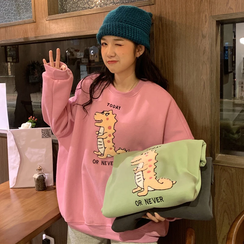 Vintag/Зимняя Повседневная Толстовка с вышитым динозавром бархатный разноцветный