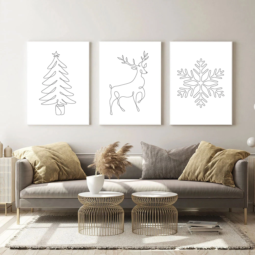 

Nordic Minimalist Christmas Wall Painting Line Art Print Deer Tree Snow Canvas Posters Decoration Picture Children Bedroom Decor