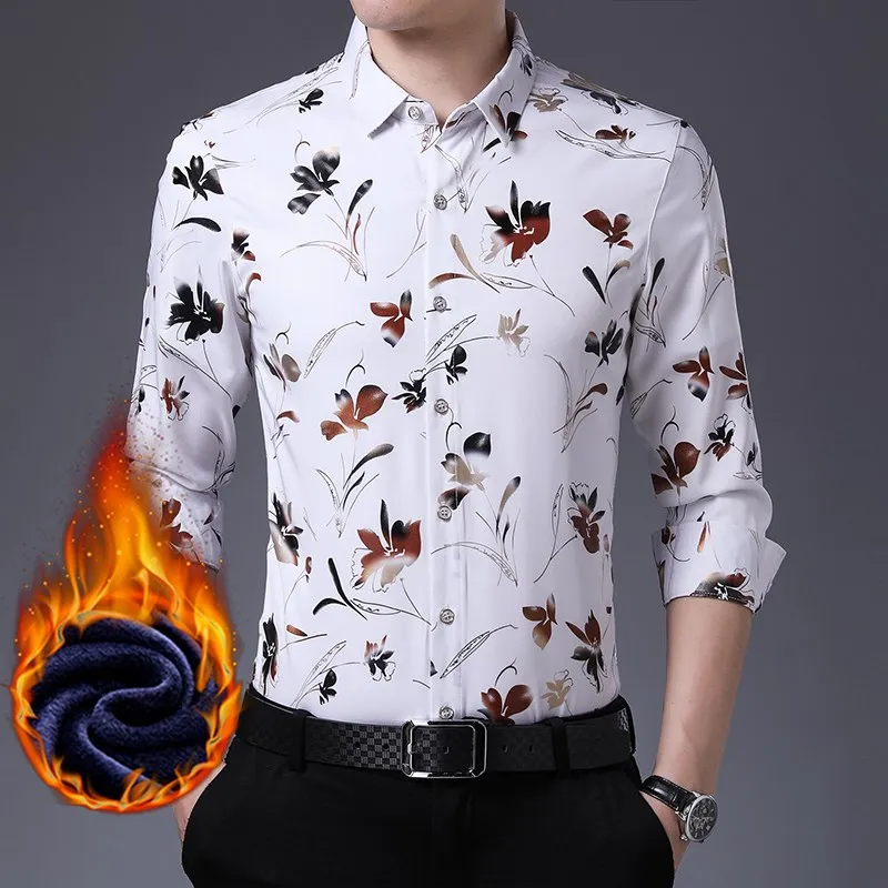 

Winter Fleece Warm Men's Long Sleeve Shirts 2021 New Arrivlas Men Business Casual Print Shirts Brand Fashion Clothing Trends