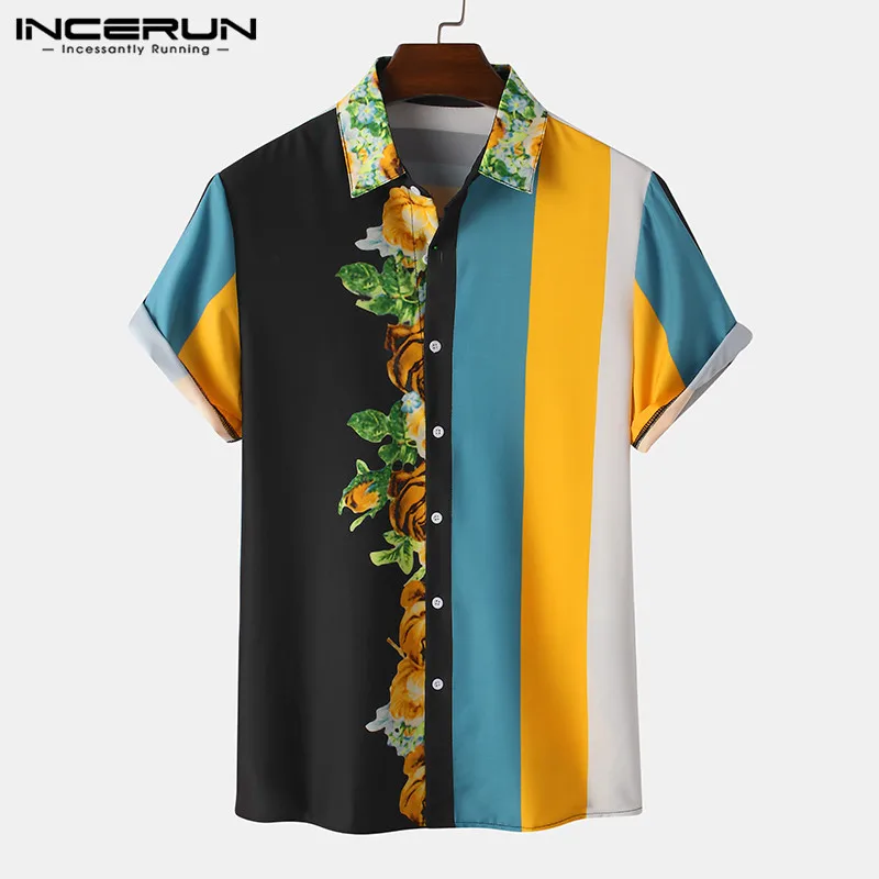 

INCERUN Fashion Men Hawaiian Shirt Lapel Short Sleeve Print Patchwork Casual Blouse 2021 Beach Streetwear Camisa Masculina S-3XL