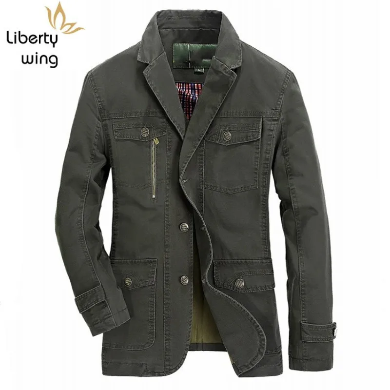 Spring Autumn Mens Cotton Solid Casual Jackets Single Breasted Lapel Slim Fashion Male Outerwear Coats Plus Size Chaqueta Hombre
