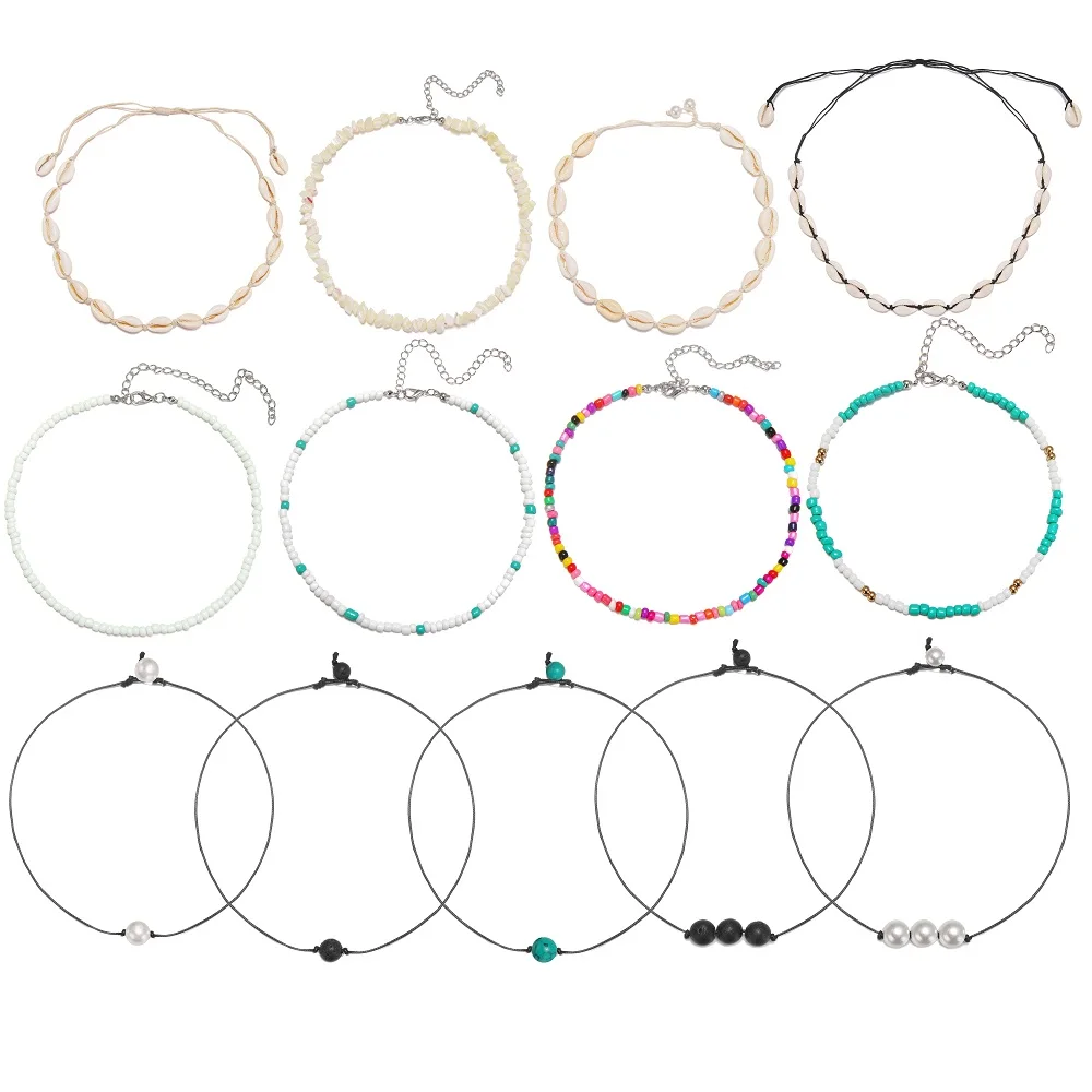 

13 Pcs/Sets Vintage Bride Wedding Long Chain Choker Necklace Women Charm Alloy Shell Adjustable Beads Necklace